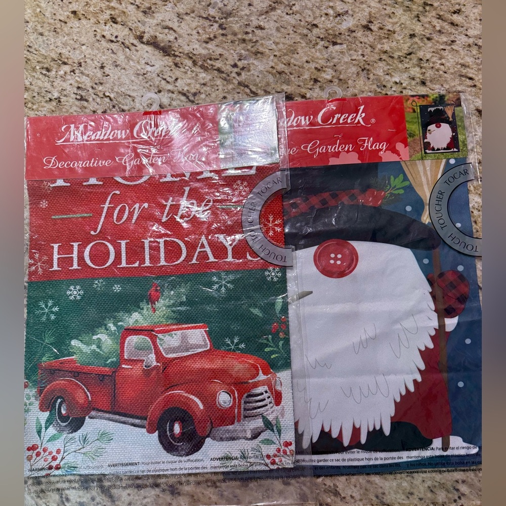 NWT Meadow Creek 2 Pc Winter Gnome & Heritage Red Truck Christmas Garden Flag
